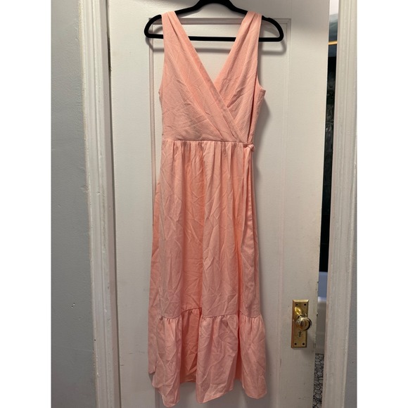 Dkny Dresses & Skirts - DKNY‎ Womens Peach Pink Faux Wrap Tiered Ruffle Midi Dress Size 10 Sleeveless